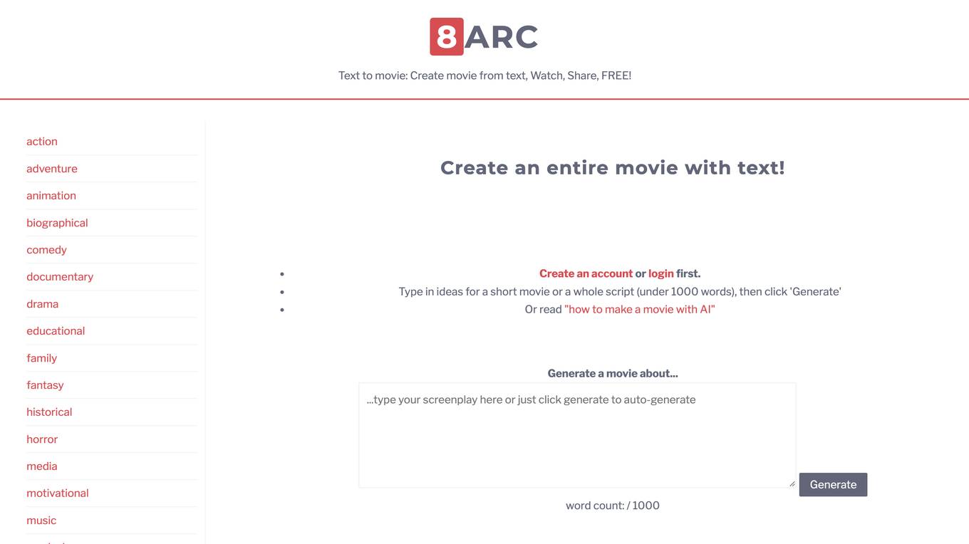 8Arc Text to Movie AI Generator Screenshot