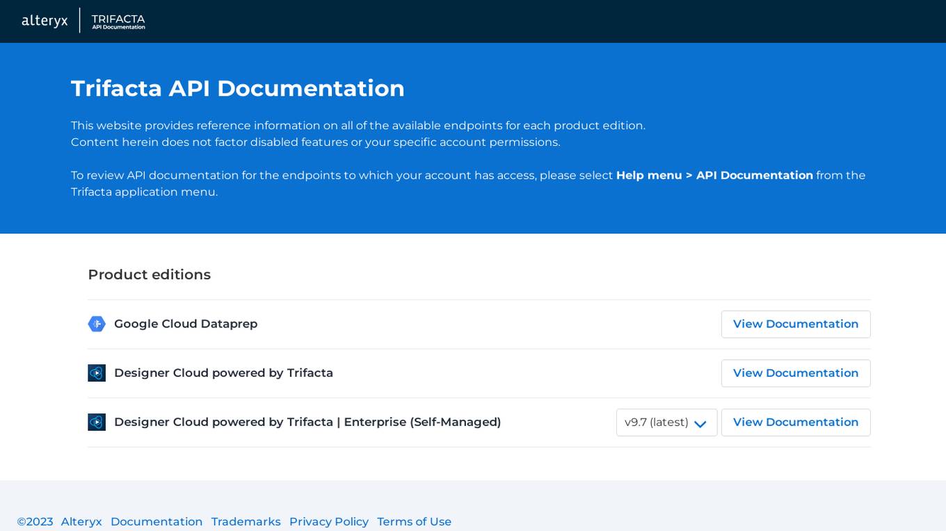 Trifacta API Documentation screenshot