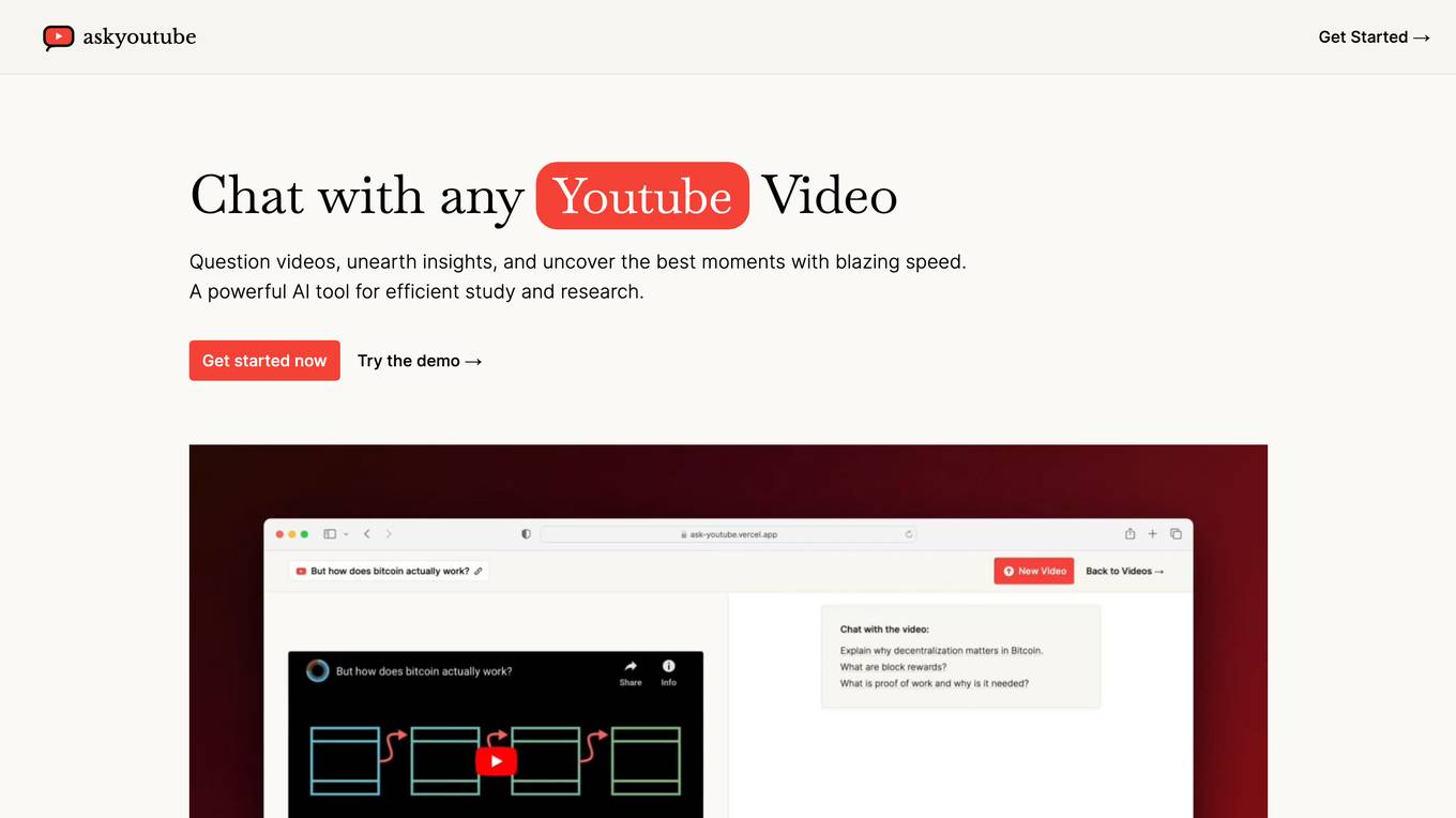 YouTube Video Chat AI Tool Screenshot