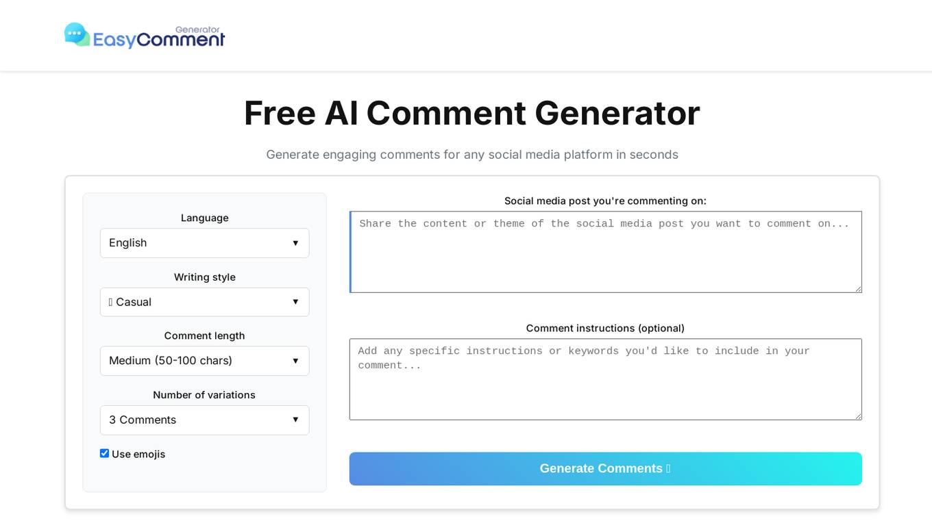 Free AI Comment Generator Screenshot