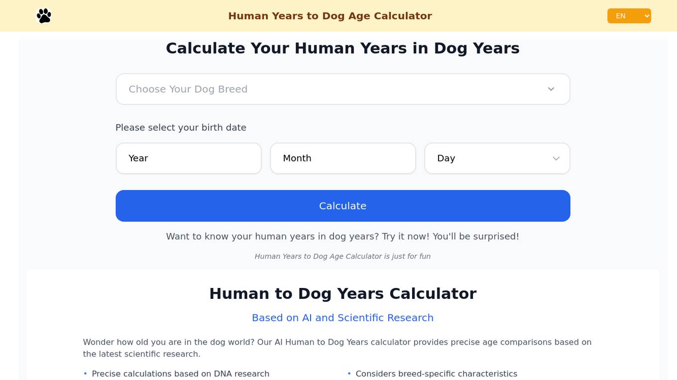 Human Years to Dog Years Calculator Screenshot