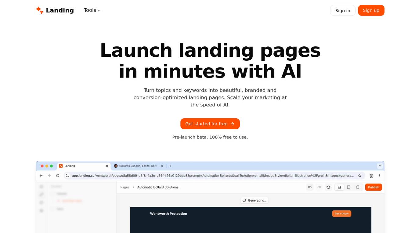 Landing AI Landing Page Generator Screenshot