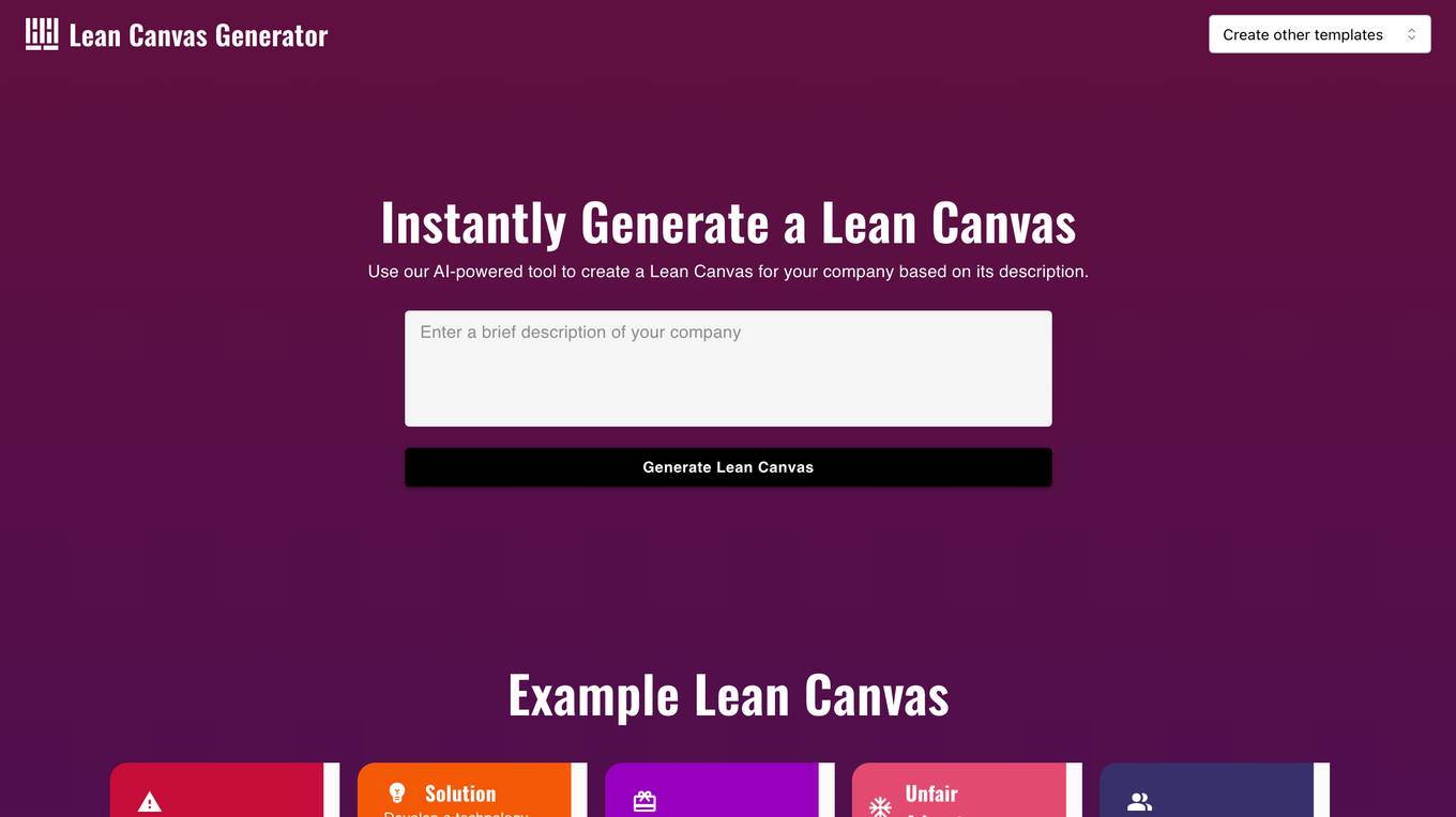 AI Lean Canvas Generator screenshot