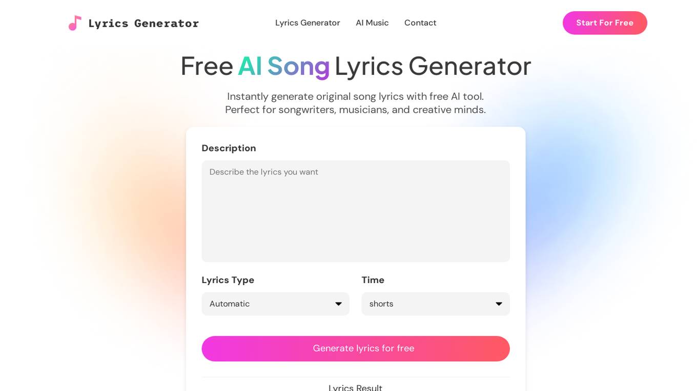 AI Lyrics Generator Screenshot