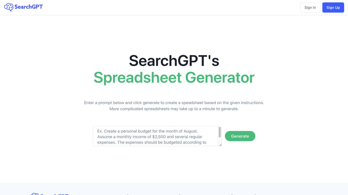 SearchGPT's Spreadsheet Generator screenshot