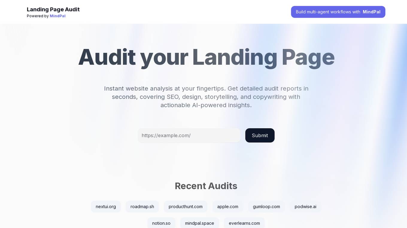 MindPal Landing Page Audit Screenshot