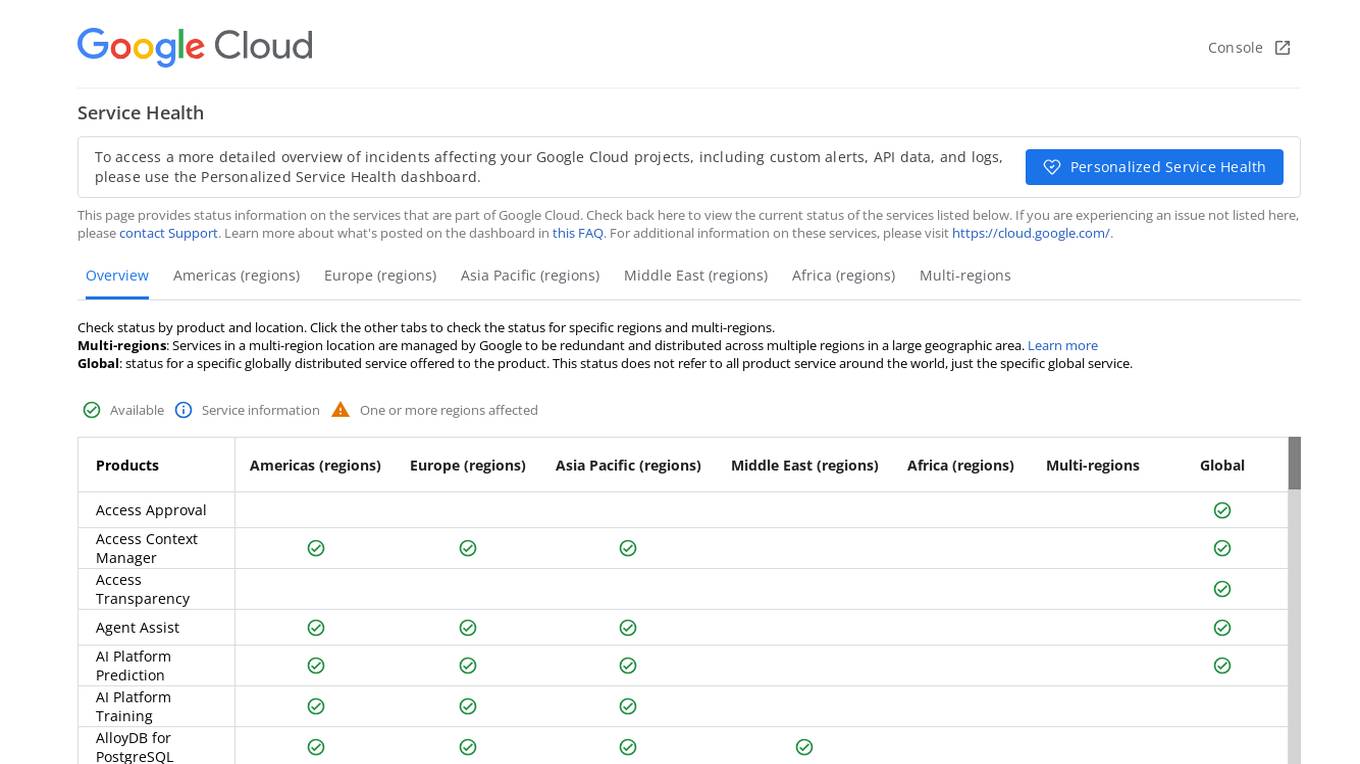 Google Cloud Service Health Console screenshot